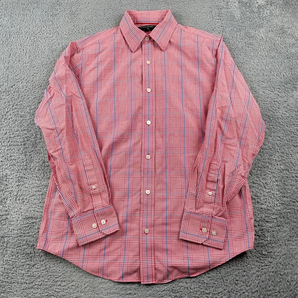 Banana Republic Shirt Mens Medium Red Non Iron Classic Fit Plaid Button Up Dress